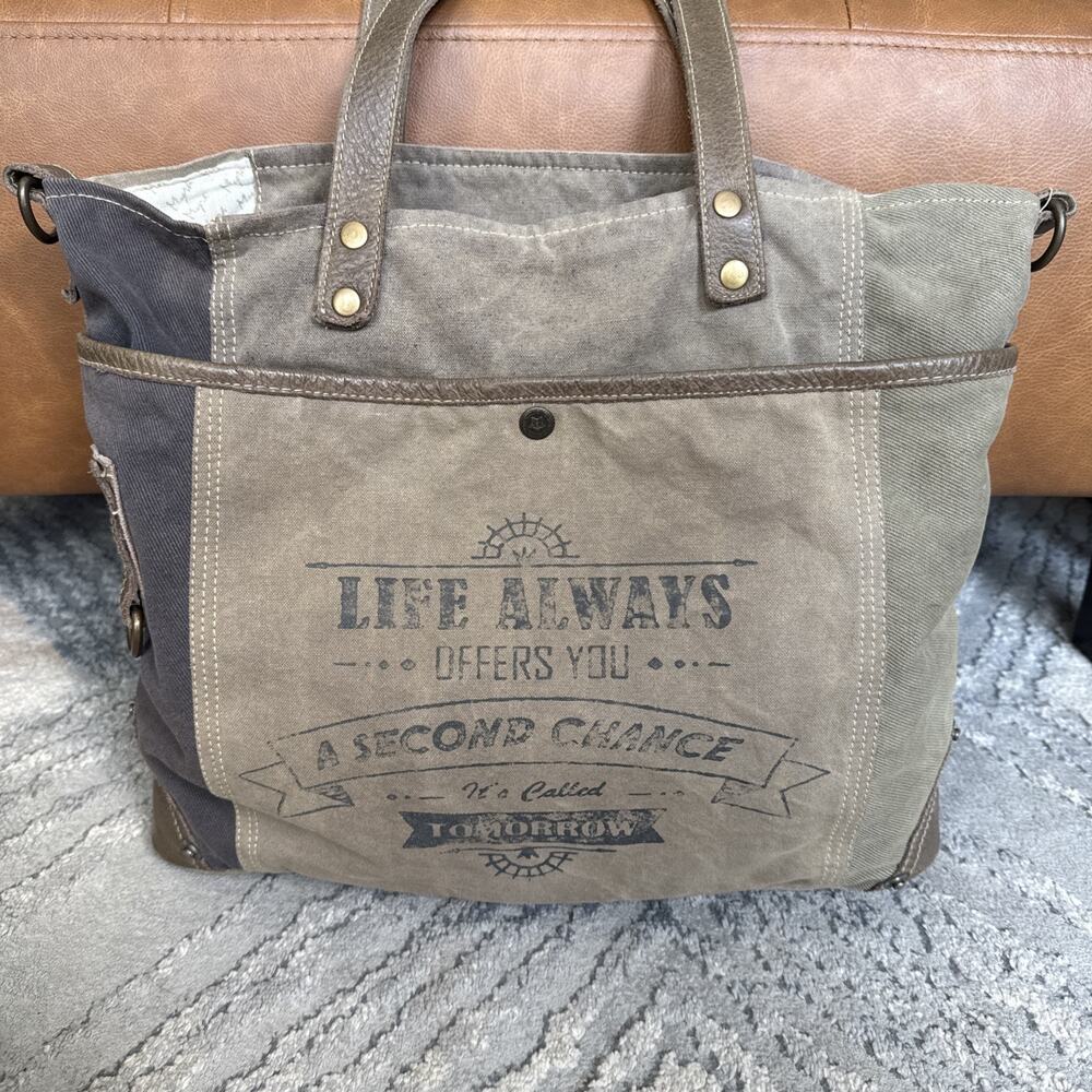 Myra Bag "Life Always" Upcycled Canvas Shoulder Bag Tote Large